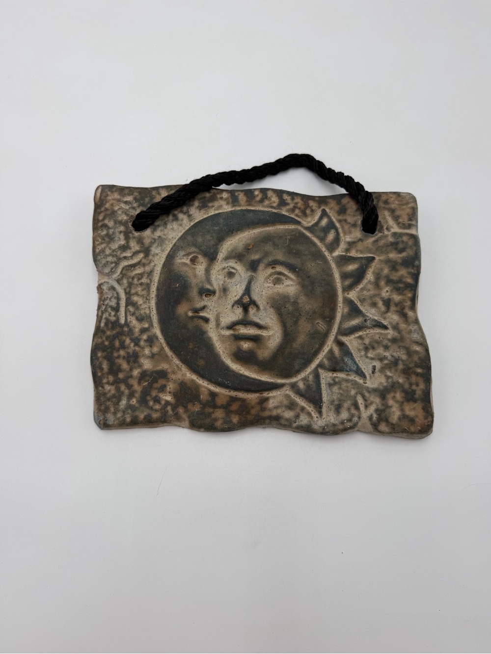 Vintage Celestial Sun Moon Wall Plaque Handmade Pottery Ceramic Hanging Decor